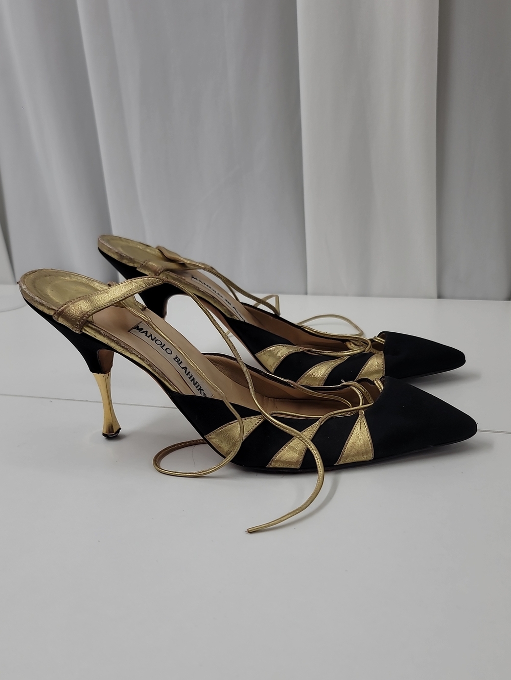 Vintage Rehab Manolo Blahnik Black and Gold Pointed Lace-Up Slingback Heels